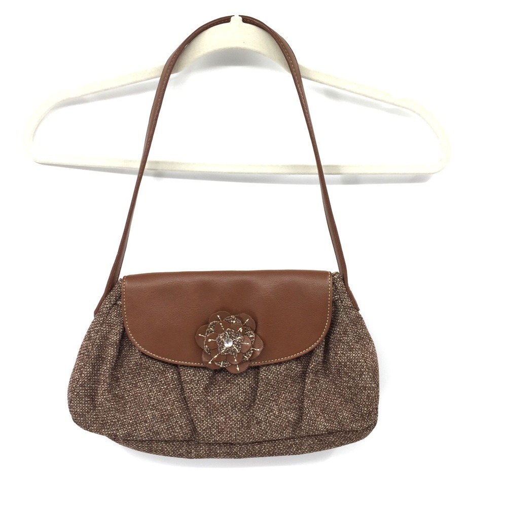 Vintage Liz claiborne brown tweed shoulder bag flower Cottagecore Dark Academia